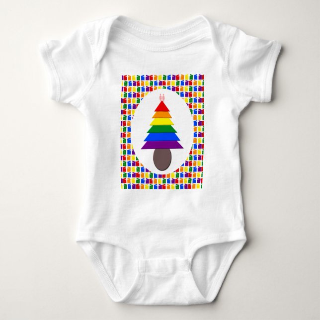 Body Para Bebê Lésbicas Árvore de Natal Rainbow e Presentes (Frente)