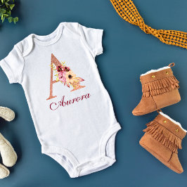 Body Para Bebê Letra A Floral Monograma em Dourado Rosa