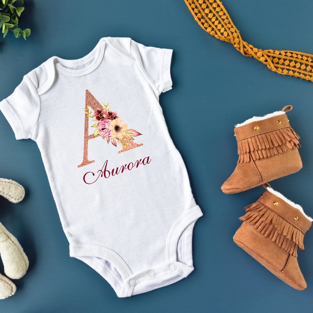 Body Para Bebê Letra A Floral Rosa Dourado Monograma (Criador carregado)