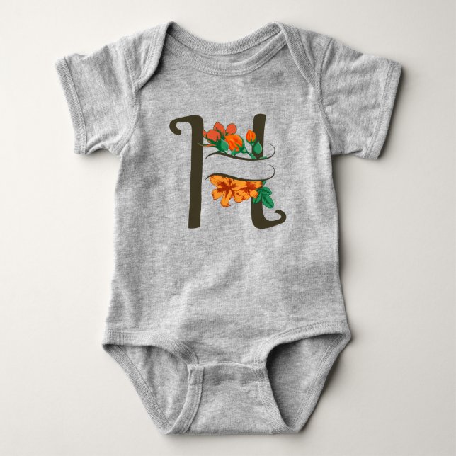 Body Para Bebê Letra maiúscula H monograma floral (Frente)