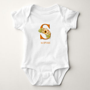 Body Para Bebê Letra S Sunflower Monograma com Nome