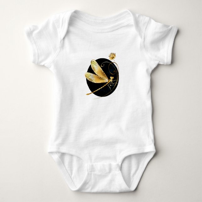 Body Para Bebê libélula ouro em círculo preto (Frente)