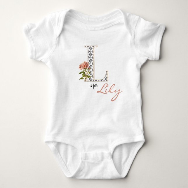 Body Para Bebê Lily Name Reveal Floral Letter L Girl Whimsical (Frente)