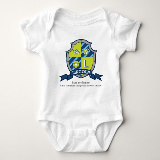 Body Para Bebê Lincoln boy name significa letra L urso crest (Frente)