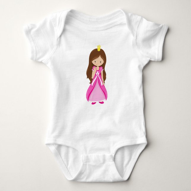 Body Para Bebê Linda Princesa, Coroa, Cabelo Castanho, Vestido Ro (Frente)