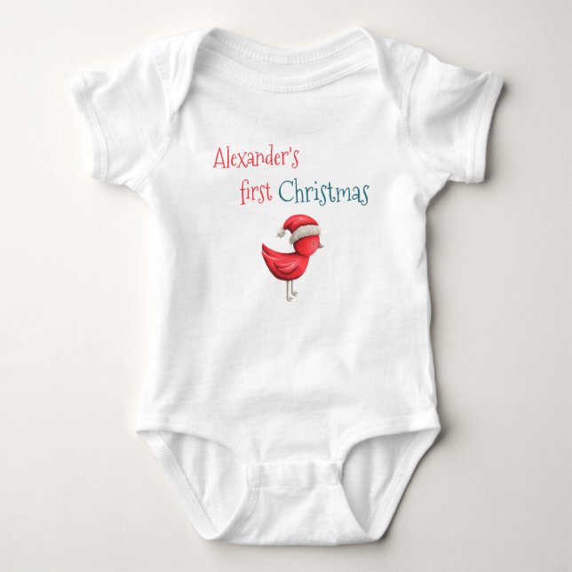 Body Para Bebê Lindo Papai Noel de Pássaro Vermelho Neto Primeiro (Frente)