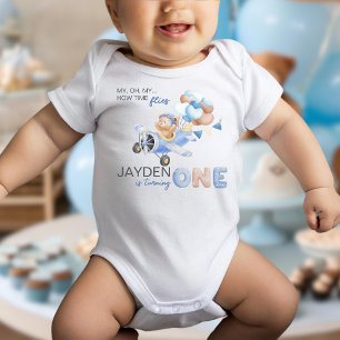 Body Para Bebê Lindo ursinho marrom azul pastel fazendo um ano