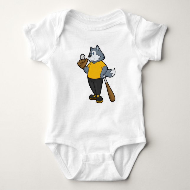 Body Para Bebê Lobo no Baseball com bastão de beisebol (Frente)