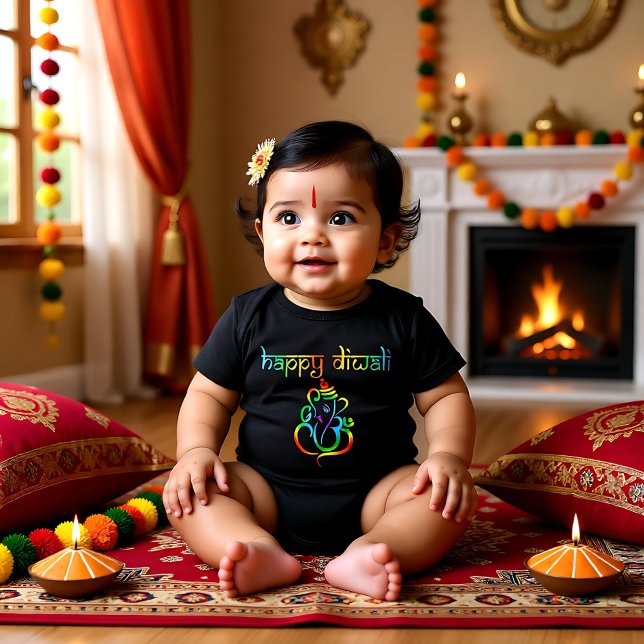 Body Para Bebê Lorde Ganesha Happy Diwali negro (Colourful Lord Ganesha Happy Diwali black Baby Bodysuit)
