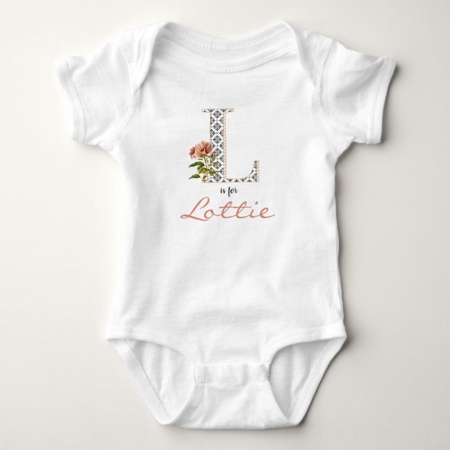 Body Para Bebê Lottie Name Reveal Floral Letter L Girl Whimsical (Frente)