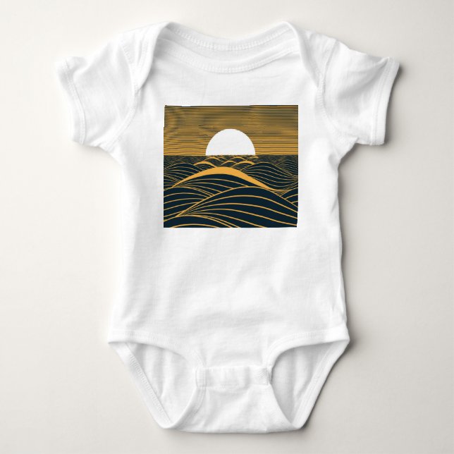 Body Para Bebê Lua-sol estilizada, ilustração do mar escuro. (Frente)