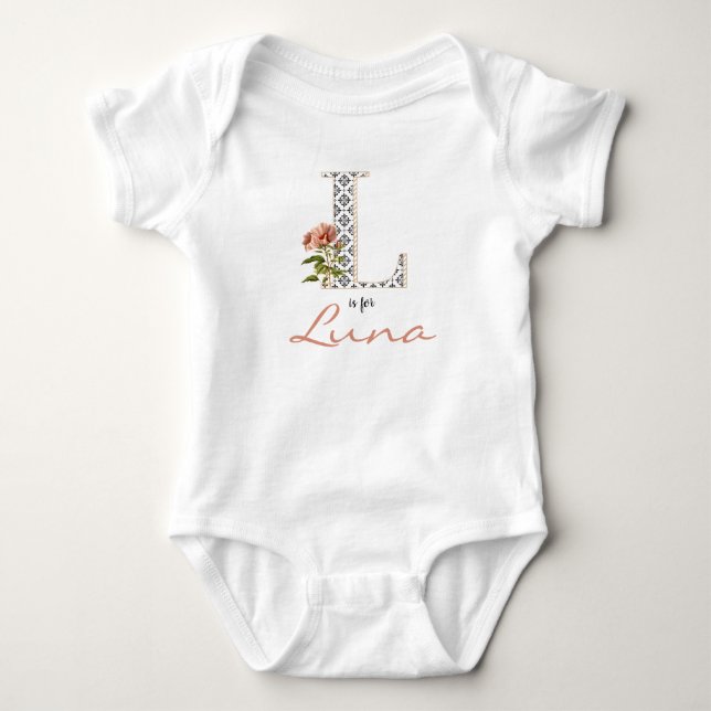 Body Para Bebê Luna Name Reveal Floral Letter L Girl Whimsical (Frente)
