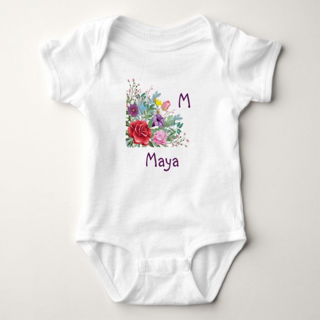 Body Para Bebê M Maya Personalizar Nome Inicial, Flores de Rosa (Frente)