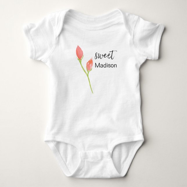 Body Para Bebê macacão PERSONALIZADO COM ROSA EM Aquarela (Frente)