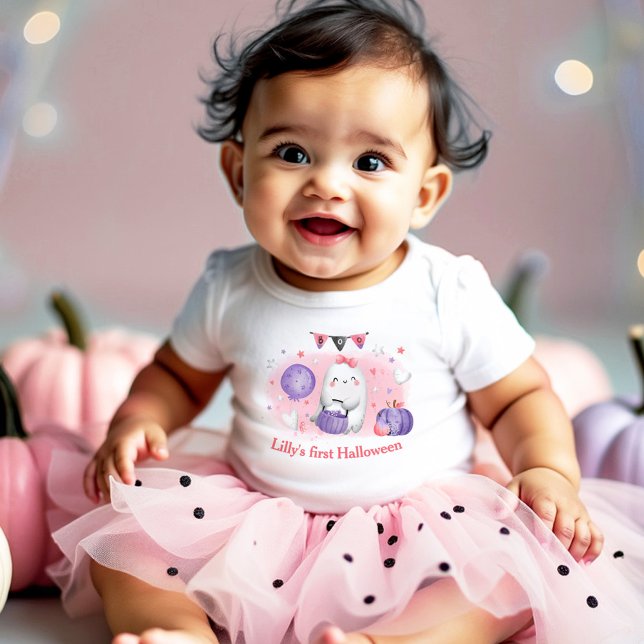 Body Para Bebê Macacãozinho de Bebê Menina Rosa Nome do Meu Prime (My first Halloween baby girl bodysuit)