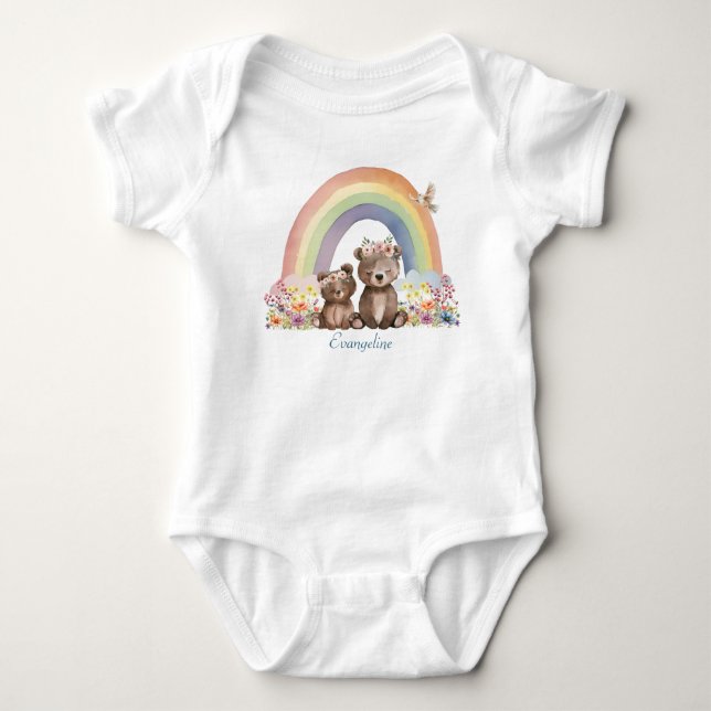 Body Para Bebê Mamãe e Bebê Urso em Flores Sob um Arco-Íris (Frente)