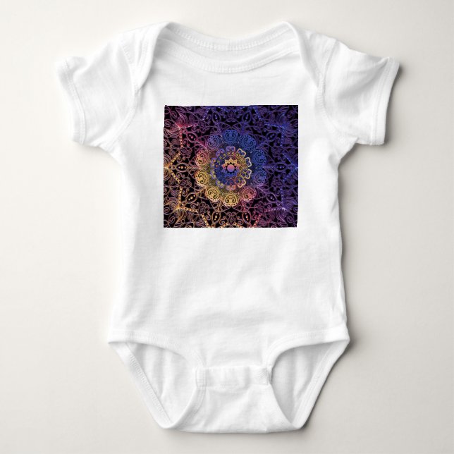 Body Para Bebê Mandala roxa e amarela: design desenhada à mão (Frente)