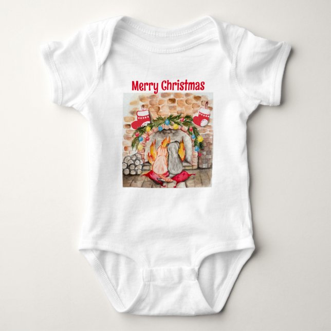 Body Para Bebê Manta de Natal com cão e gato (Frente)
