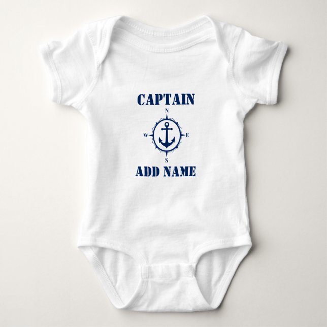 Body Para Bebê Marinho Blue Compass & Boat Anchor Nome/Fileira do (Frente)