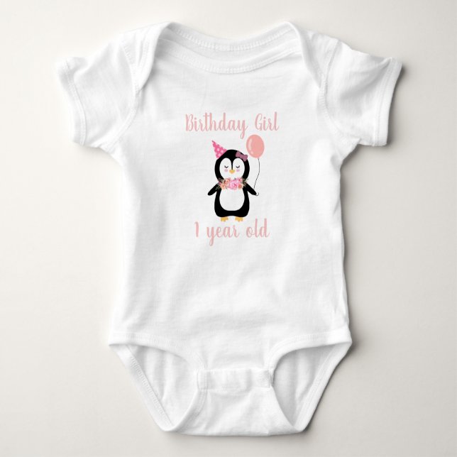 Body Para Bebê Meninas Cute Penguin Rosa Nome e Idade do Aniversá (Frente)