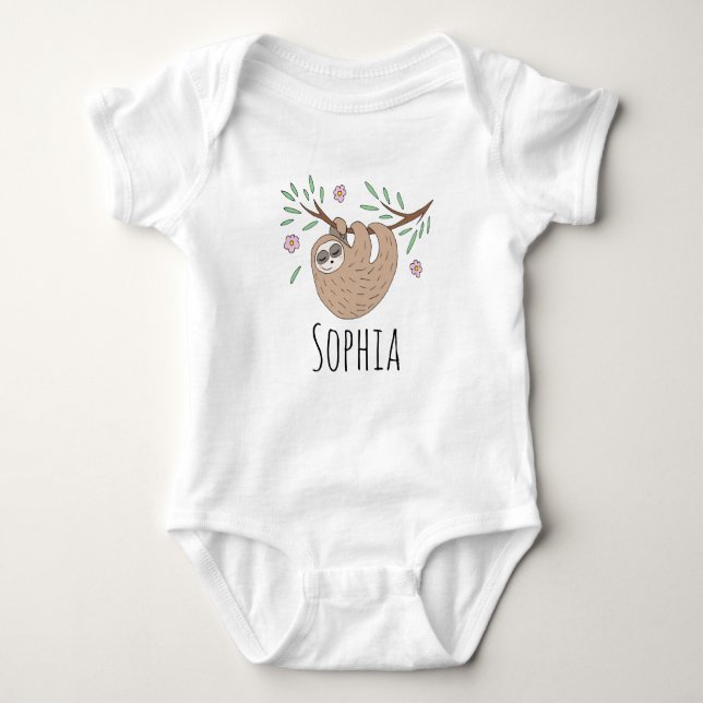 Body Para Bebê Meninas Cute Sleeping Sloth Animal e Nome (Frente)