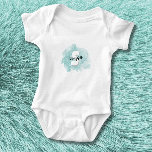 Body Para Bebê Menino Azul Turquesa Monograma (Cute Modern Watercolor Teal Blue Monogram Baby Boy Baby Bodysuit)