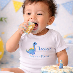 Body Para Bebê Menino Bonito Azul Aquarela One-a-Saurus 1º Aniver