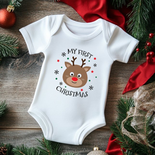 Body Para Bebê Meu 1º Natal Rena Fofa Floco de Neve Moderno (Criador carregado)