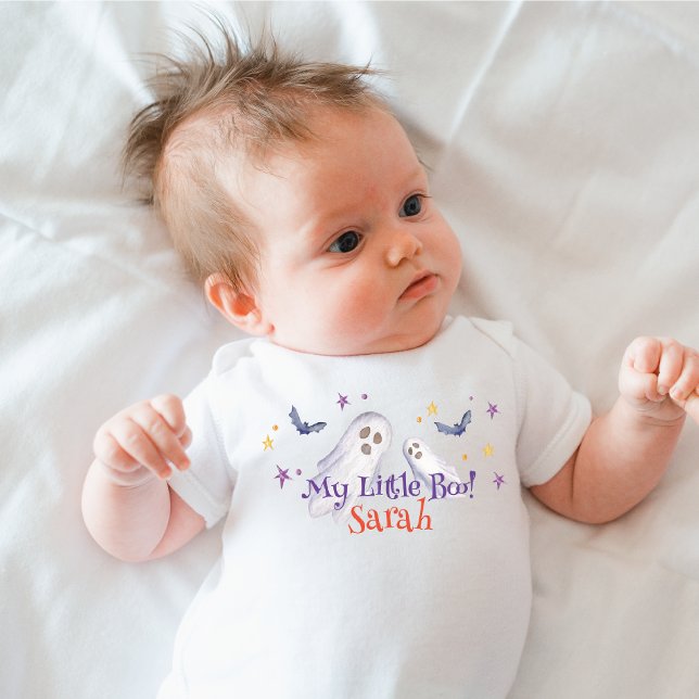 Body Para Bebê Meu Pequeno Chá de fraldas de Boo Halloween (little boo Halloween baby bodysuit, Cute ghost, purple)