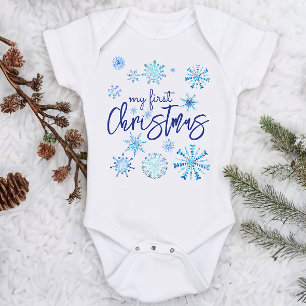 Body Para Bebê Meu primeiro filho de Natal, flocos de neve azuis