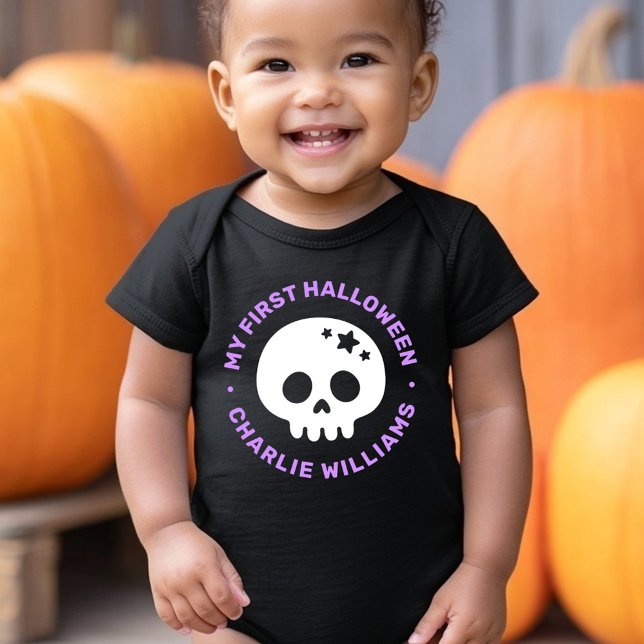 Body Para Bebê Meu primeiro Halloween caveira fofa com estrelas e (My first Halloween cute skull with stars and name Baby Bodysuit)