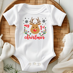 Body Para Bebê Meu Primeiro Natal Rena Moderna Fofa Flocos de Nev