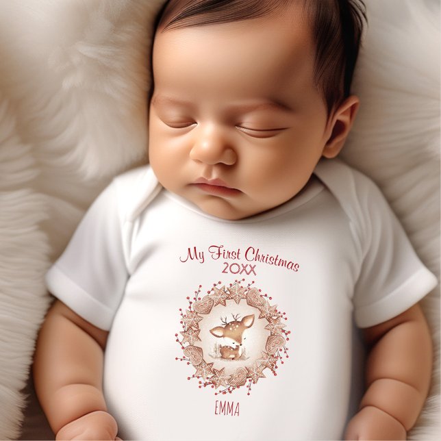 Body Para Bebê Meu Primeiro Nome Personalizado De Veado De Natal  (My First Christmas Deer Custom Name Beige Neutral Baby Bodysuit)