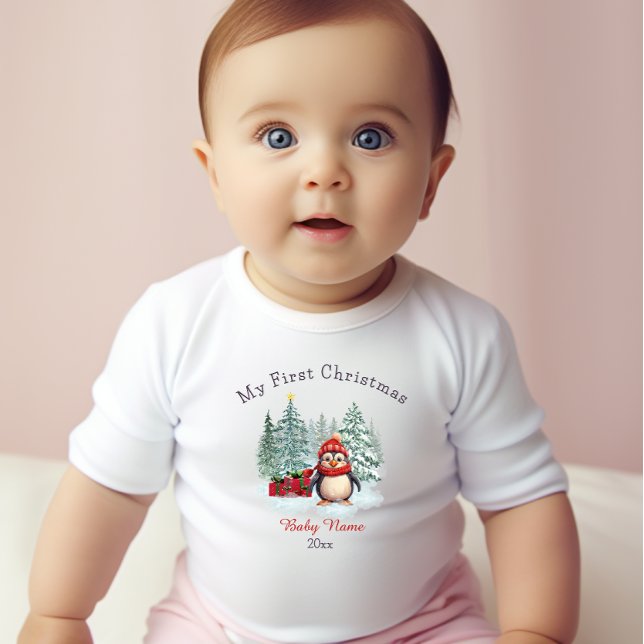 Body Para Bebê Meu Primeiro Pinguim de Natal Nome Personalizado (Criador carregado)