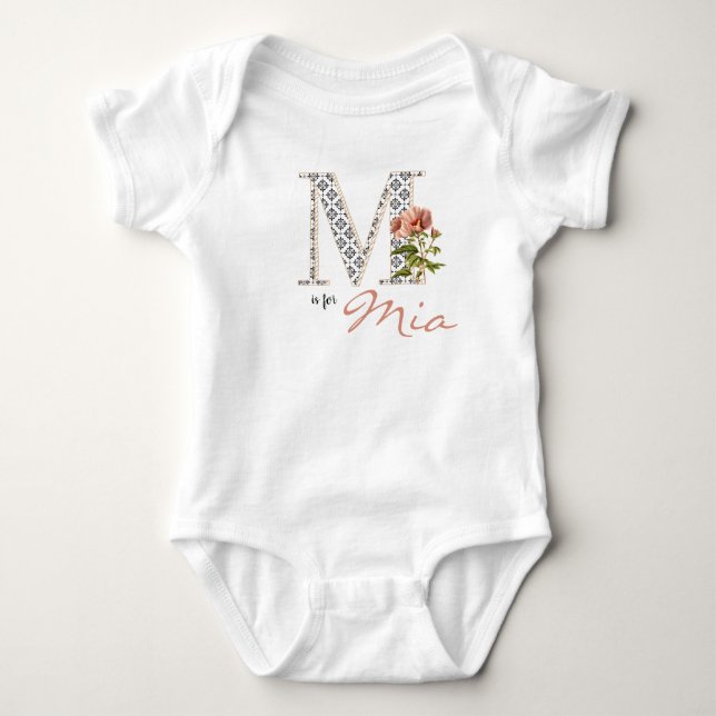 Body Para Bebê Mia Name Reveal Floral Letter L Girl Whimsical (Frente)