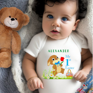 Body Para Bebê Minha 1ª Páscoa Coelho e Ovos de Páscoa Personaliz