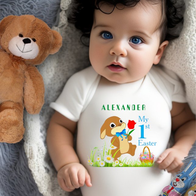 Body Para Bebê Minha 1ª Páscoa Coelho e Ovos Personalizados da Pá (Criador carregado)