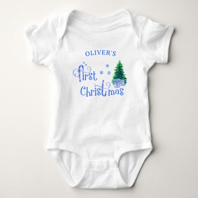 Body Para Bebê Minha Primeira Árvore de Natal Azul e Presentes (Frente)