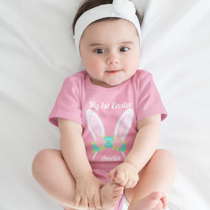 Body Para Bebê Minha Primeira Páscoa, Coelhinho Rosa Rosa, Orelha