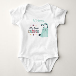 Body Para Bebê Minha primeira Páscoa com o coelhinho azul e nome