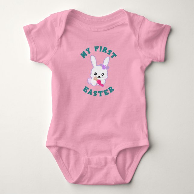 Body Para Bebê Minha Primeira Páscoa Menina Rosa (Frente)