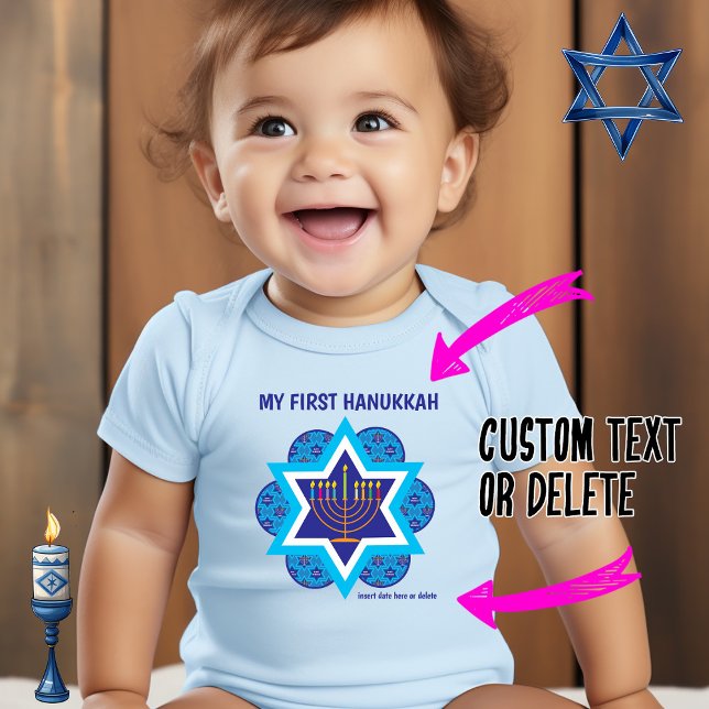 Body Para Bebê Minha rua Chanucá azul - personalizável (My [ custom ] Hannukkah - blue onesie)