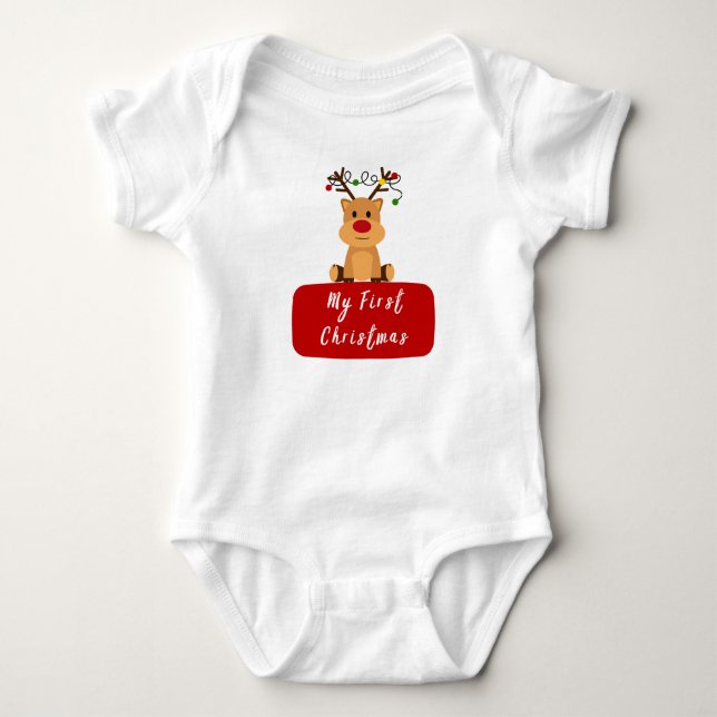 Body Para Bebê Minúscula Reindeer e Luzes Festivas Meu Primeiro N (Frente)