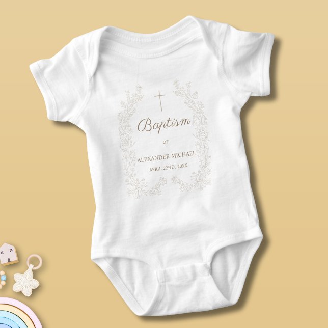 Body Para Bebê Modern Floral Cross Christian Catholic Baptism (Criador carregado)