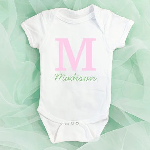 Body Para Bebê Monograma Nome Personalizado Inicial Rosa Verde