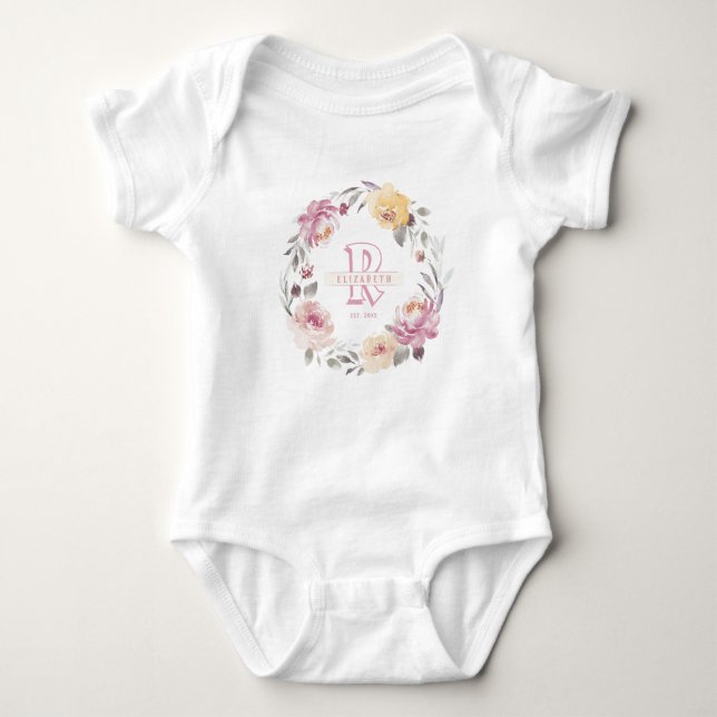 Body Para Bebê Monograma personalizado da menina Floral wreath (Frente)