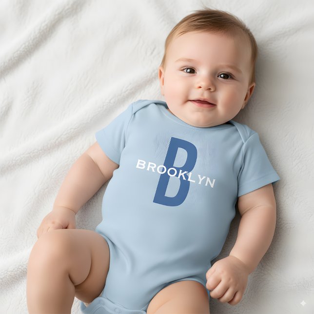 Body Para Bebê Monograma Personalizado Nome Branco Azul (Criador carregado)