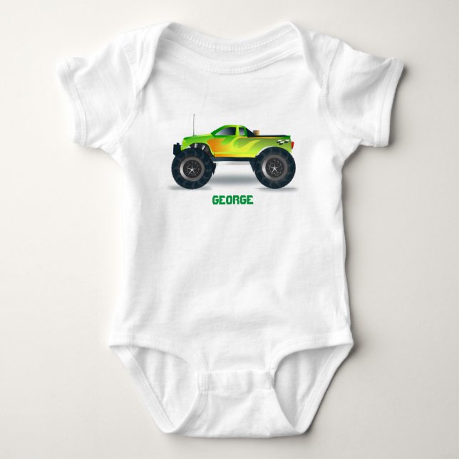 Body Para Bebê Monster Truck Yellow Orange Fire Personalize-Me! (Frente)
