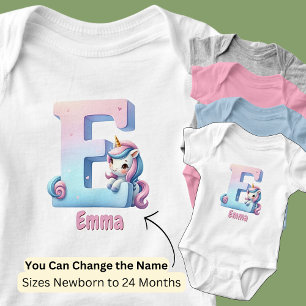Body Para Bebê Mudar Nome Rosa Bonito Azul Fofa Letra E Unicórnio