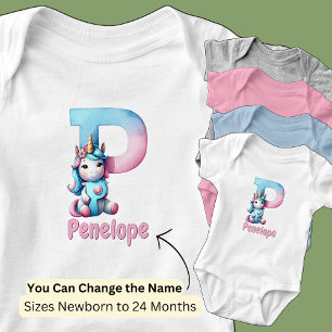 Body Para Bebê Mudar Nome Rosa Bonito Azul Fofa Letra P Unicórnio